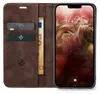 A brown leather flip case for an iPhone 13 Pro, open to reveal card slots and a phone screen displaying the time and date. Produktbild-Vorschau