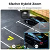 A security camera is shown in a parking lot with a car, highlighting its zoom capabilities. Produktbild-Vorschau
