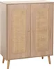 A light brown wooden highboard with two doors featuring woven rattan inserts and four tapered legs, shown against a white background. Podgląd zdjęcia produktu