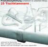 Multiple clear plastic table clips are displayed on a surface, with some attached to the edge of a table-like object. Text overlays provide product information. Produktbild-Vorschau
