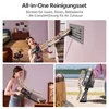Collage of images showing a woman using a cordless vacuum cleaner in different household settings. Produktbild-Vorschau