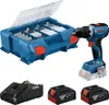 A collage of a Bosch cordless drill, a bit set case, two batteries, and a charger. Produktbild-Vorschau