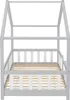A side view of a light gray and white house-shaped bed frame with a wooden slatted base. Náhled obrázku produktu
