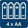 A graphic showing four AA batteries and text indicating the quantity. Anteprima dell’immagine prodotto