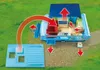 A toy camper van with its back door open, showing the interior and accessories. Red arrows indicate movement and assembly. Produktbild-Vorschau