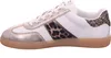 Side view of a white sneaker with gold and leopard print accents. Voir les images du produit
