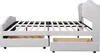 A white upholstered bed frame with a tufted headboard, shown from the side with the mattress support slats extended and two storage drawers pulled out. Náhled obrázku produktu
