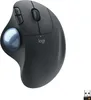A dark gray Logitech ERGO M575 trackball mouse with a blue trackball, shown on a white background. A small USB receiver is visible in the bottom right corner. Anteprima dell’immagine prodotto