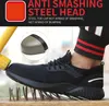 A person wearing safety shoes is shown, with a hammer about to strike the toe and nails underneath the shoe to demonstrate its protective features. Text overlays highlight the 'Anti Smashing Steel Head' feature. Produktbild-Vorschau