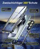 A disassembled phone case with a phone inside, shown with labels pointing out its features. Produktbild-Vorschau