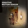 A cat walks past a motion-sensing night light plugged into a wall outlet. Produktbild-Vorschau