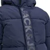 A close-up of a navy blue puffer jacket with the brand name 'JACK & JONES' printed vertically on a strap. Produktbild-Vorschau
