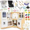 A collection of toy kitchen items and accessories arranged around a toy kitchen playset. Podgląd zdjęcia produktu