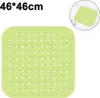 A light green, square bath mat with raised circular bumps and small drainage holes, shown both in a close-up and a small inset image within a bathtub. Produktbild-Vorschau