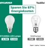 A comparison between a Sylvania LED lamp and a traditional incandescent bulb, highlighting energy savings. Produktbild-Vorschau