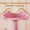 A close-up of a pink cat tree with cat ear-shaped platforms and text overlay. Produktbild-Vorschau