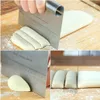 A collage of images showing a person using a stainless steel dough cutter with a ruler marking to cut dough on a wooden board. Produktbild-Vorschau