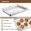 A baking sheet with dimensions labeled and features listed below, alongside a separate image of cookies on a baking sheet. Voir les images du produit