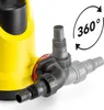 Close-up of a yellow submersible pump with a rotating adapter fitting, indicating 360-degree functionality. Produktbild-Vorschau