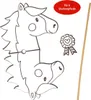 A coloring set for a stick horse craft, including a horse head outline, a ribbon rosette, and a stick. Produktbild-Vorschau