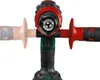 A close-up front view of a cordless hammer drill with two auxiliary handles, one in focus and one faded. Produktbild-Vorschau