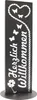 A black garden sign with white lettering and decorative elements. Produktbild-Vorschau