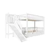 A white bunk bed with a slide and stairs, shown against a white background. Produktbild-Vorschau