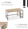 A desk with shelves, shown from a slightly elevated angle, with descriptive text and close-ups of the legs. Náhled obrázku produktu