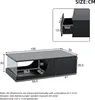 A diagram showing the dimensions of a black coffee table with a glass section and a drawer. Anteprima dell’immagine prodotto