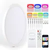 A flat lay of a white round LED ceiling light with various accessories including screws, wall plugs, a remote control, a user manual, and color swatches. Produktbild-Vorschau