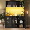 A black cabinet with yellow backlighting, displaying kitchen items and decor. Produktbild-Vorschau