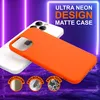 A neon-lit background with a white iPhone and an orange phone case. Produktbild-Vorschau