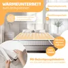 A heated underblanket is shown on a bed, with text overlays highlighting its features. Produktbild-Vorschau