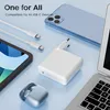 A collection of USB-C electronic accessories including a charger, cables, a smartphone, earbuds, and a laptop, arranged on a light blue surface. Produktbild-Vorschau