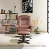 A brown leather-look recliner chair with a footrest is placed on a cream rug in a living room setting, next to a shelf unit with books and decor. Produktbild-Vorschau