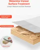 Diagram showing the layers of a melamine veneer surface treatment on particleboard, with text highlighting features like scratch resistance and ease of cleaning. Voir les images du produit
