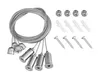 A set of metal mounting hardware for LED panels, including cables, hooks, screws, and wall plugs, laid out on a white background. Podgląd zdjęcia produktu