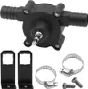 A black drill pump with attached hose fittings, along with mounting brackets, hose clamps, and screws, displayed against a white background. Produktbild-Vorschau