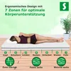 A person is lying on a mattress, with text and graphics explaining its ergonomic features and support zones. Produktbild-Vorschau