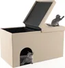 A beige cat house with an open lid and two cats interacting with it. Produktbild-Vorschau