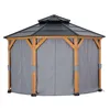 A hexagonal gazebo with wooden posts and gray fabric curtains. Náhled obrázku produktu