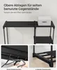 Collage of images showing a black garment rack with shelving, highlighting its features like upper shelves for storage and robust crossbars. Produktbild-Vorschau