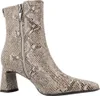 A single beige snake-print ankle boot with a block heel is shown against a white background. Produktbild-Vorschau