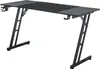 A black and gray gaming desk is shown against a white background.