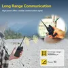 Two people are shown using walkie-talkies in outdoor and indoor settings, with text highlighting communication range and features. Produktbild-Vorschau