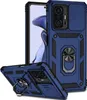 A blue phone case with a sliding camera cover and a ring holder is displayed with a phone inside. Produktbild-Vorschau