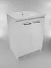 A white bathroom vanity with a sink and two doors with chrome handles. Produktbild-Vorschau