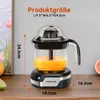 A product shot of an electric citrus juicer on a wooden surface, with dimensions and product name overlaid. Produktbild-Vorschau