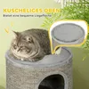 A cat is lying on a cat tree, with a close-up inset of the top platform. Produktbild-Vorschau