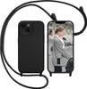 A black phone case with a lanyard is shown next to a smartphone displaying an image of a woman. Produktbild-Vorschau